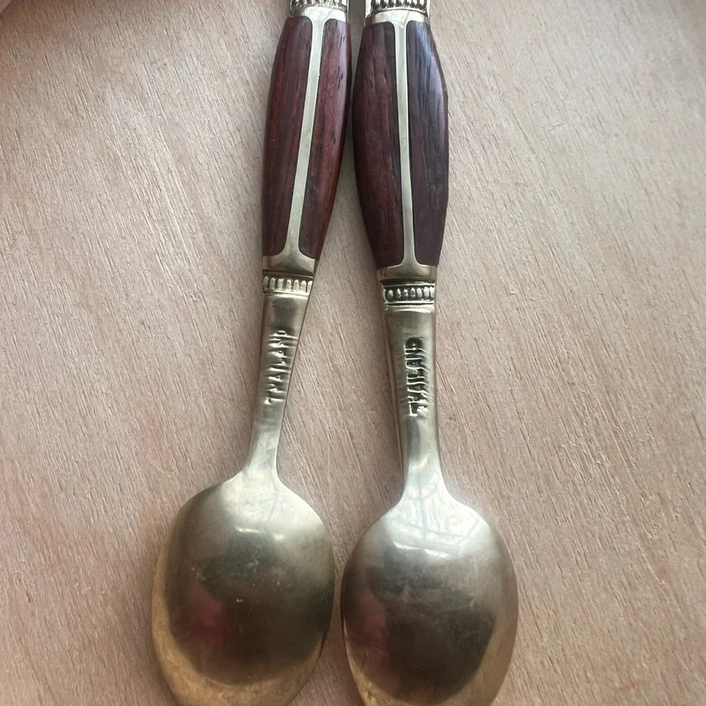 VTG Brass Rosewood Inlay Demitasse Spoons (x2) Stamped Thailand